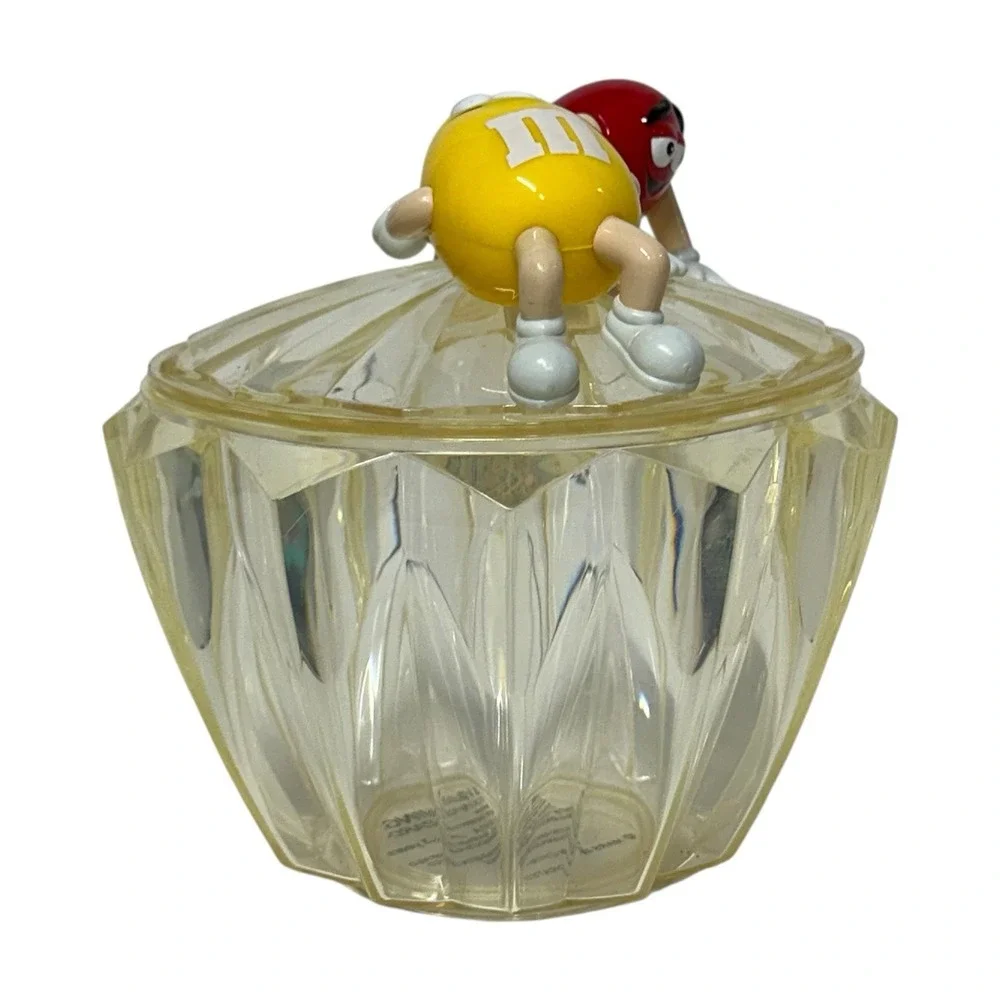 Vintage M&M‎ Candy Dish Lidded Bowl Clear Acrylic Plastic Faceted Collectible